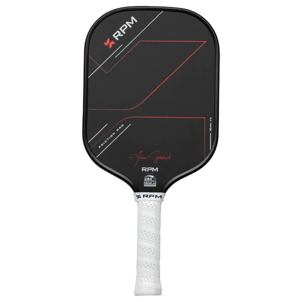 Front view of a black RPM pickleball paddle with red and white graphics, "FRICTION PRO" text, and a white grip.