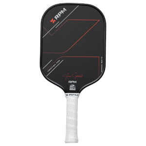 Front view of a black RPM pickleball paddle with red and white graphics, "FRICTION PRO" text, and a white grip.