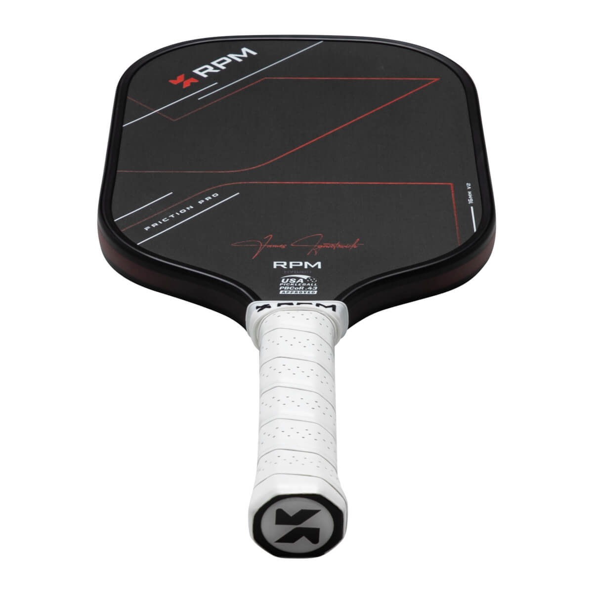 Front view of a black pickleball paddle with red and white graphics, "FRICTION PRO" text, and a white grip.