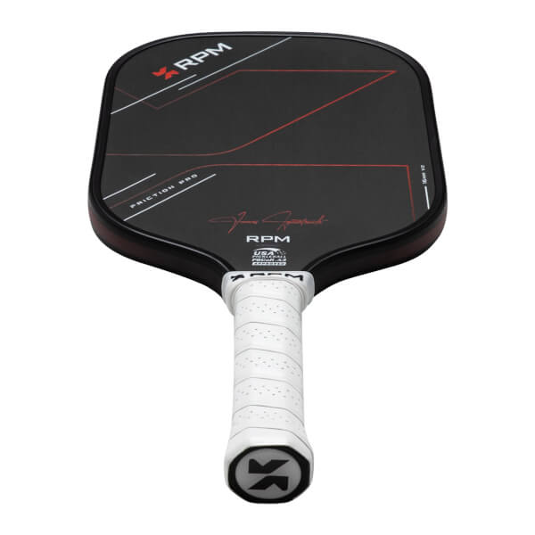 Front view of a black pickleball paddle with red and white graphics, "FRICTION PRO" text, and a white grip.