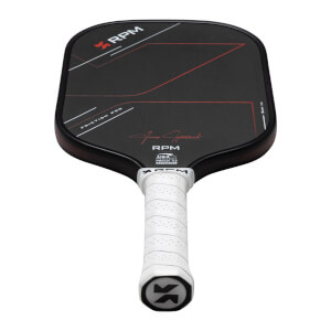 Front view of a black pickleball paddle with red and white graphics, "FRICTION PRO" text, and a white grip.