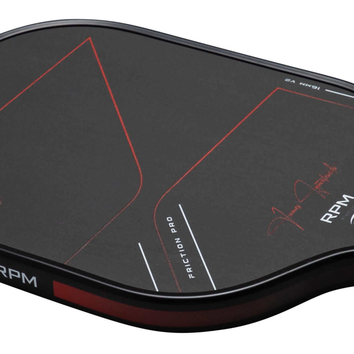 Close-up view of a black paddle with red graphic lines, "FRICTION PRO" text, and "RPM" logo.