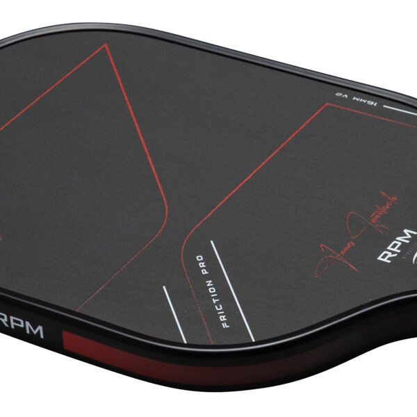 Close-up view of a black paddle with red graphic lines, "FRICTION PRO" text, and "RPM" logo.