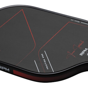 Close-up view of a black paddle with red graphic lines, "FRICTION PRO" text, and "RPM" logo.