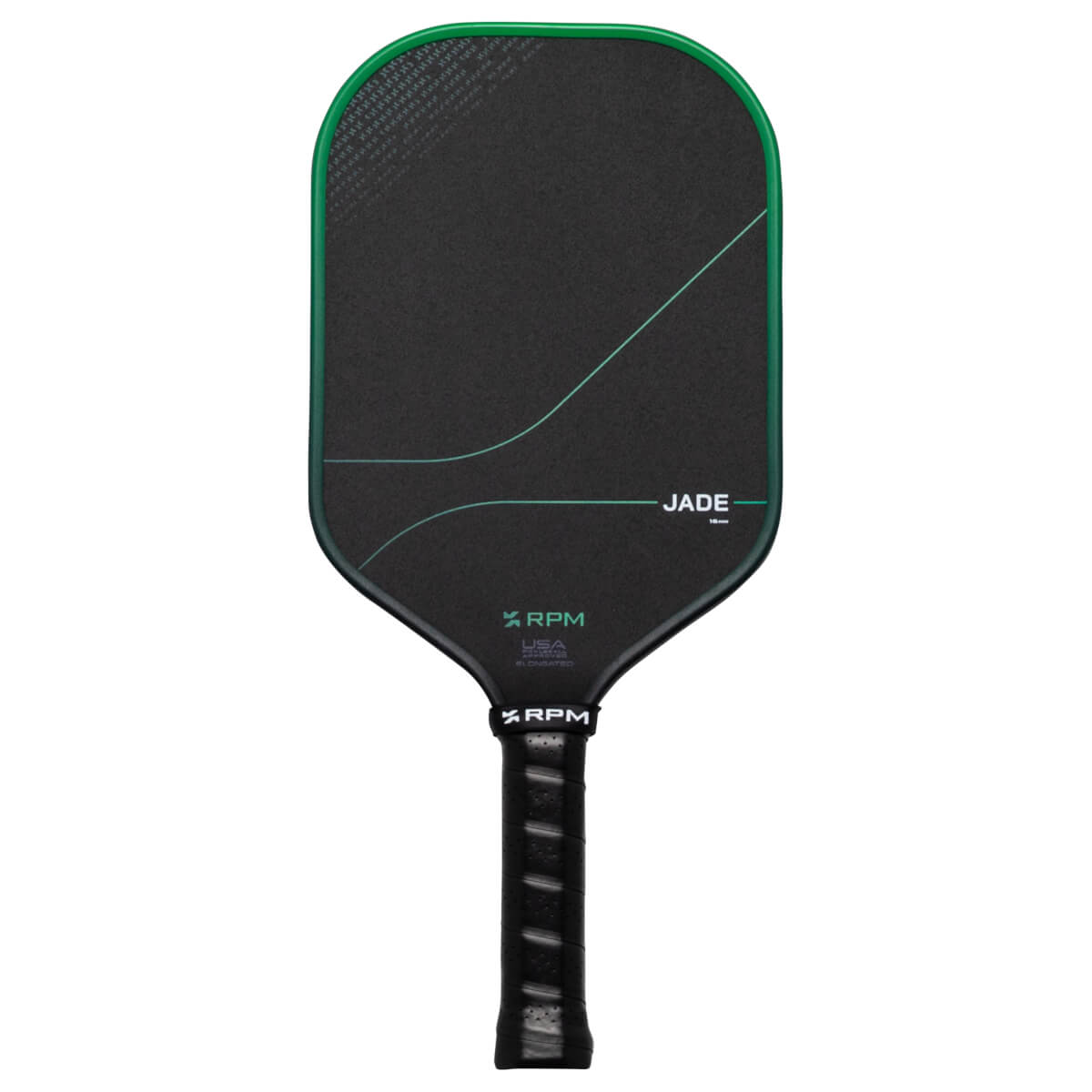 Front view of a black pickleball paddle with a green rim, featuring "JADE" and "RPM USA" text.