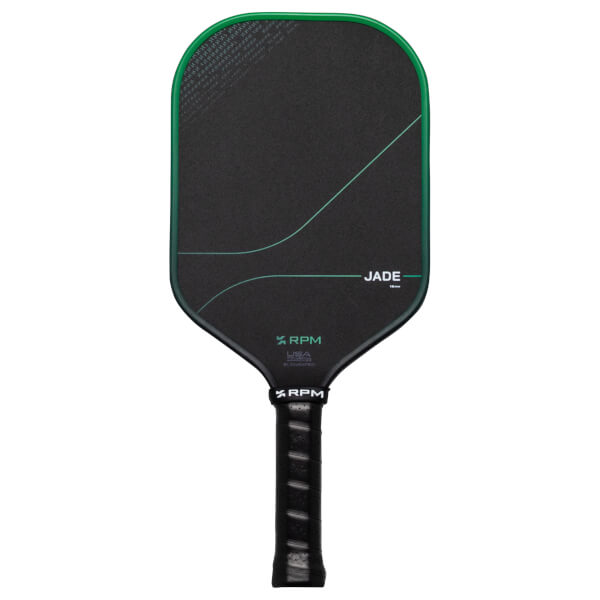 Front view of a black pickleball paddle with a green rim, featuring "JADE" and "RPM USA" text.