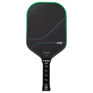 Front view of a black pickleball paddle with a green rim, featuring "JADE" and "RPM USA" text.