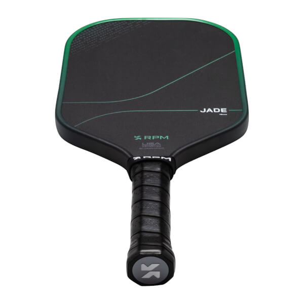Top-down view of a black pickleball paddle with a green edge, featuring "JADE" and "RPM" logos.