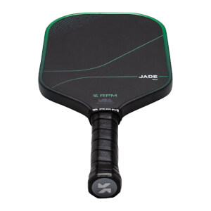 Top-down view of a black pickleball paddle with a green edge, featuring "JADE" and "RPM" logos.