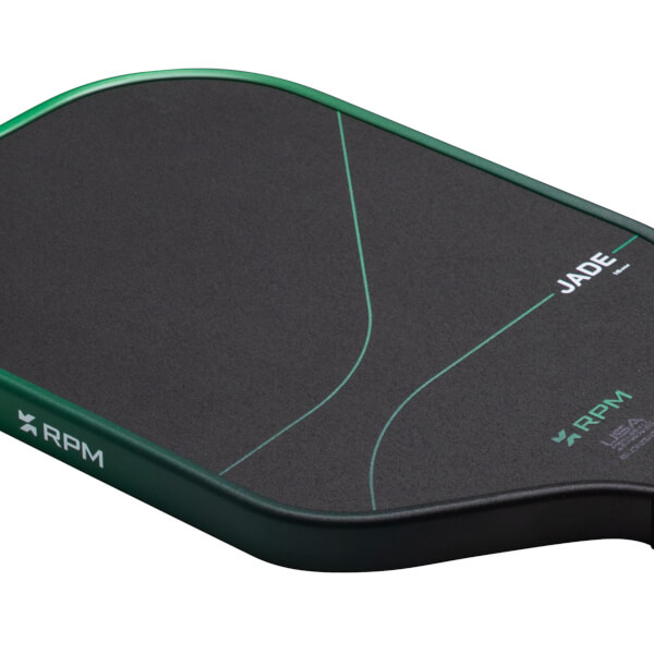 Top-down view of a black paddle with a green border, featuring "JADE" and "RPM" logos.