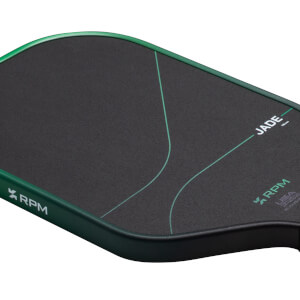Top-down view of a black paddle with a green border, featuring "JADE" and "RPM" logos.