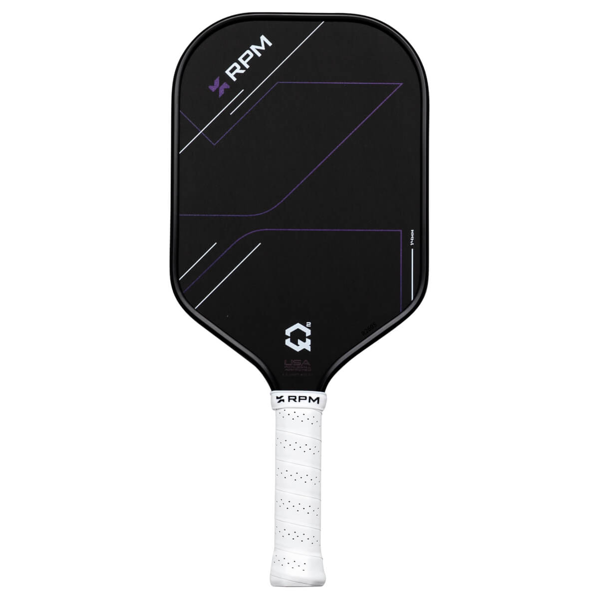 Front view of a black pickleball paddle with purple and white geometric designs, "RPM" logo, and a white grip.