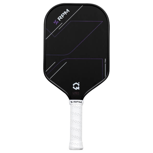 Front view of a black pickleball paddle with purple and white geometric designs, "RPM" logo, and a white grip.
