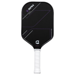 Front view of a black pickleball paddle with purple and white geometric designs, "RPM" logo, and a white grip.