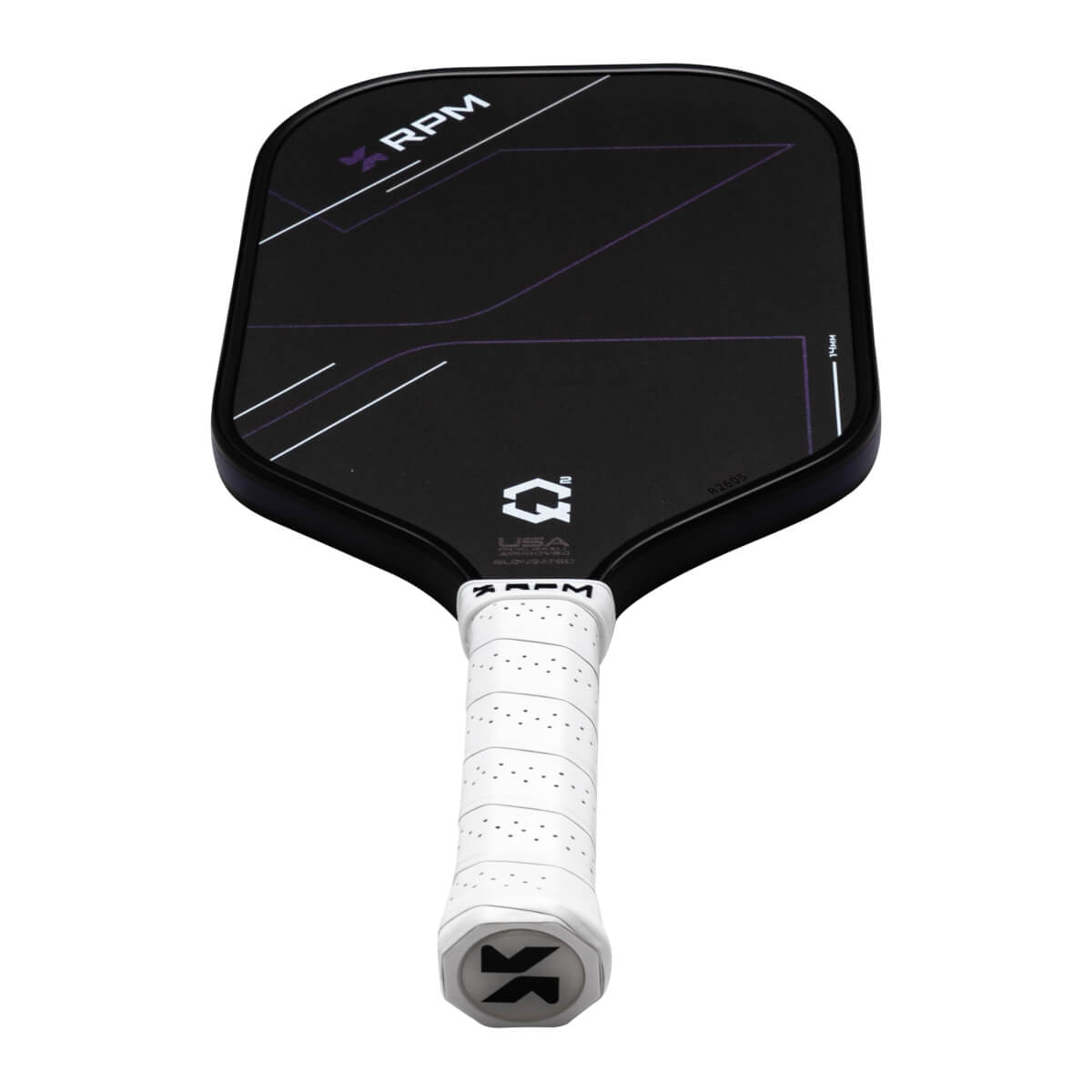 Top-down view of a black pickleball paddle with purple and white geometric accents, "RPM" logo, and a white grip.
