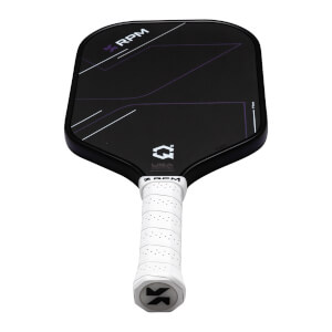 Top-down view of a black pickleball paddle with purple and white geometric accents, "RPM" logo, and a white grip.