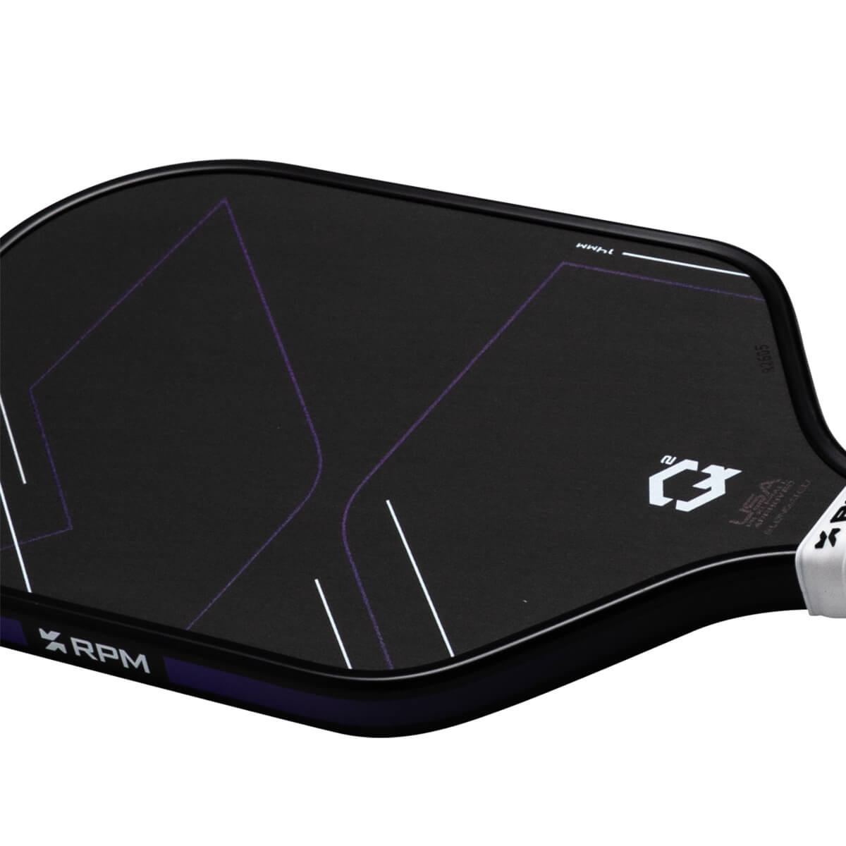 Top-down view of a black pickleball paddle with purple geometric lines, a white logo, and "RPM" text.