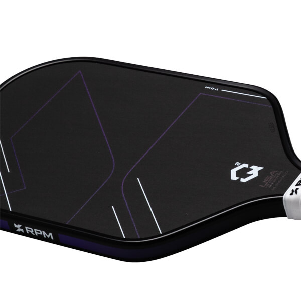 Top-down view of a black pickleball paddle with purple geometric lines, a white logo, and "RPM" text.