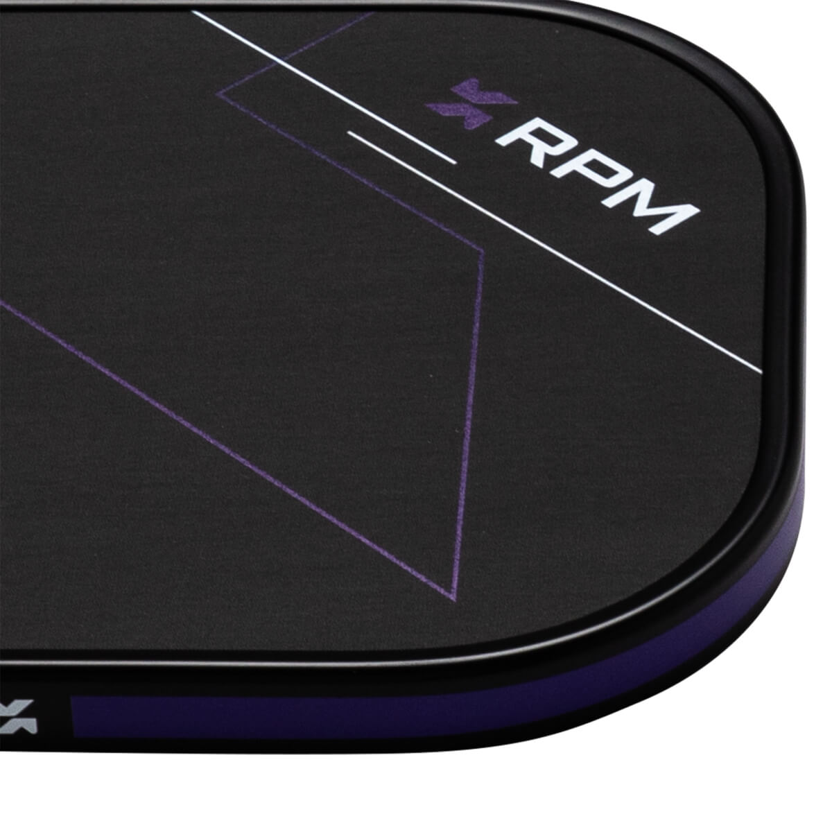 Top-down corner view of a black product with white and purple geometric lines and the white RPM logo.