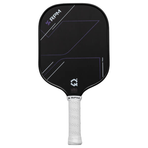 Front view of a black RPM Q2 pickleball paddle featuring purple and white geometric line designs, a white perforated grip, and visible RPM and Q2 logos.