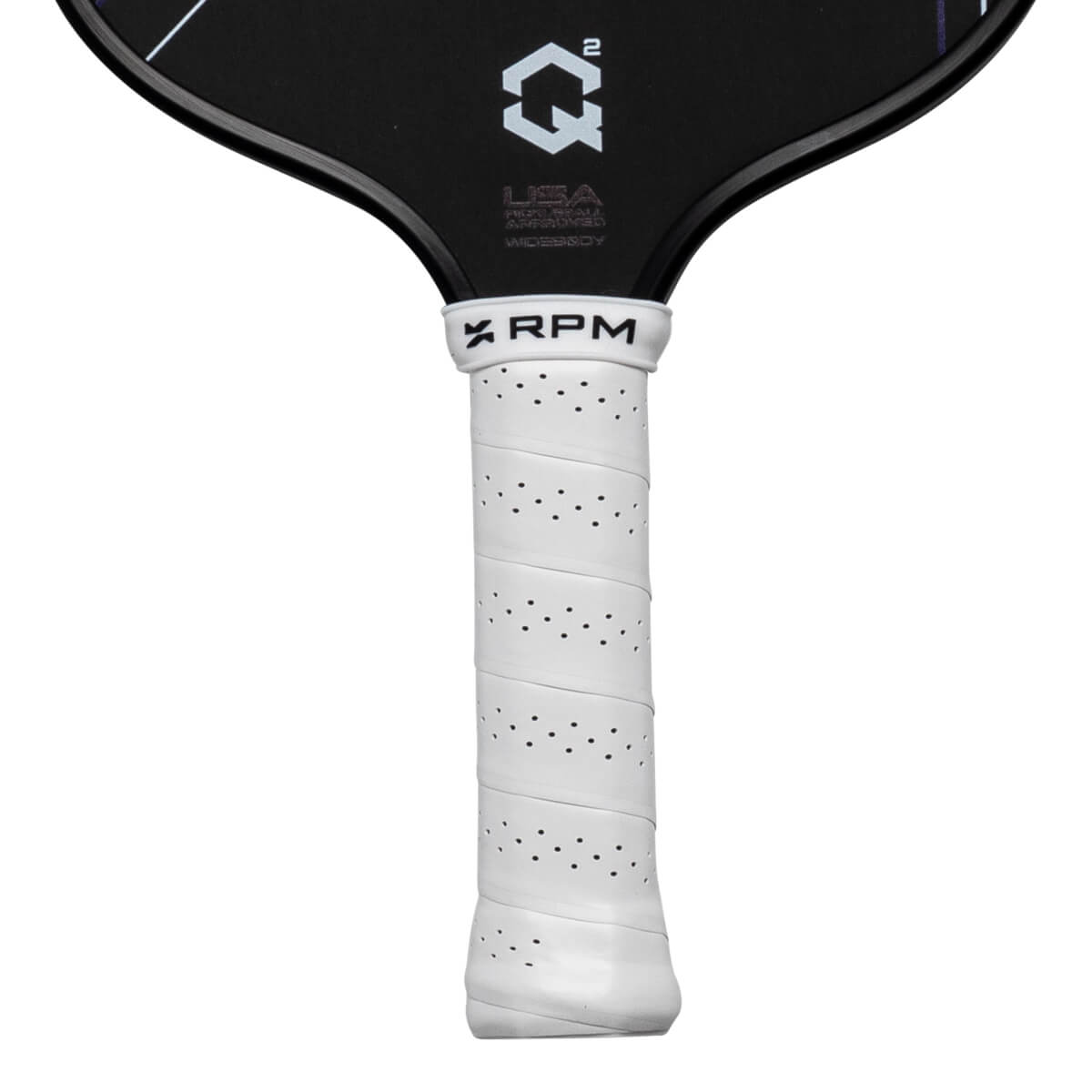 Close-up of the white perforated grip and black paddle face displays the "RPM", "Q2", and "USA Pickleball Approved" branding.