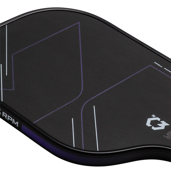 Close-up angled view of a black paddle face featuring purple geometric lines, a white C3 logo, and the visible words 14MM and RPM.