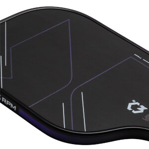 Close-up angled view of a black paddle face featuring purple geometric lines, a white C3 logo, and the visible words 14MM and RPM.