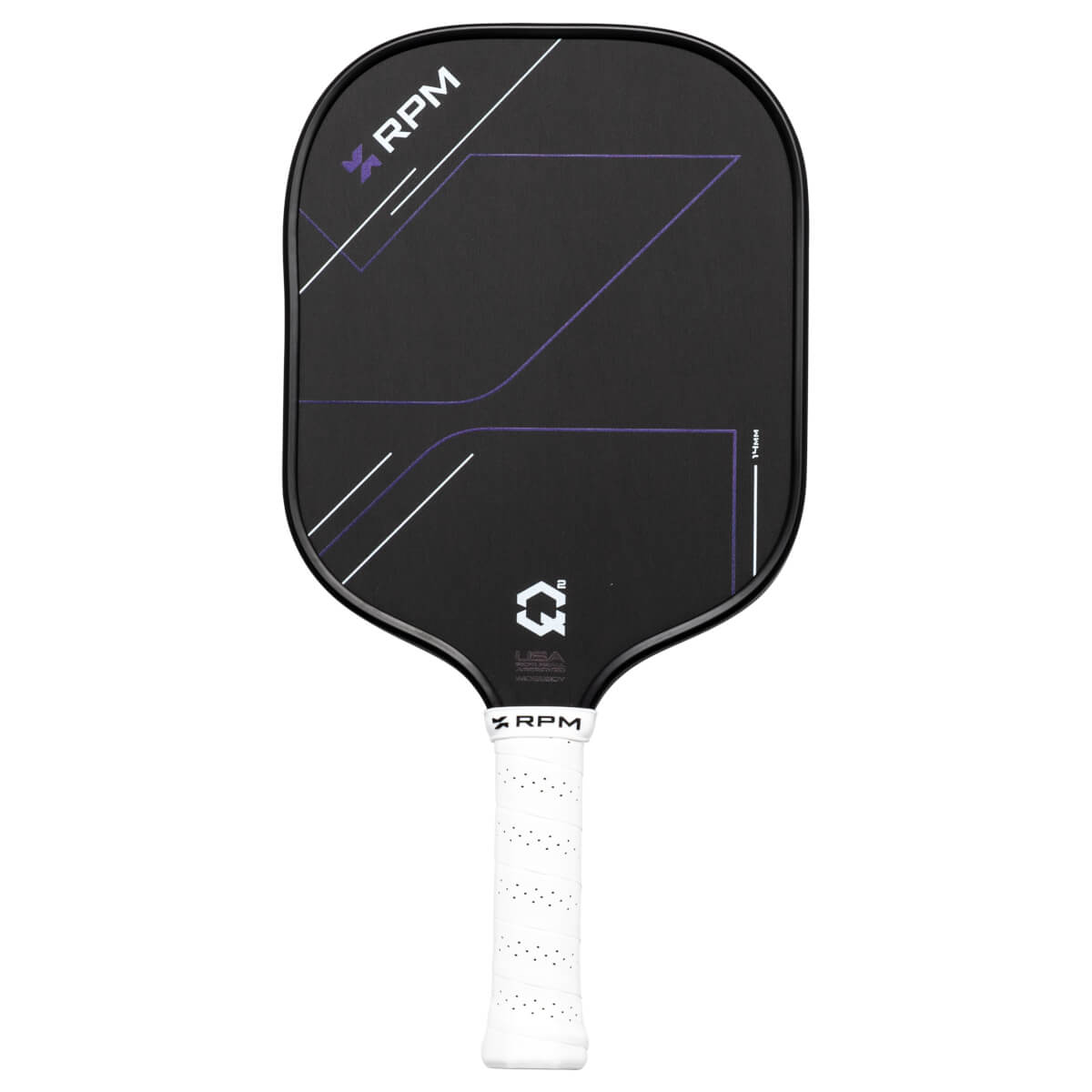Front view of a black RPM Q2 pickleball paddle with purple and white geometric accents and a white grip.