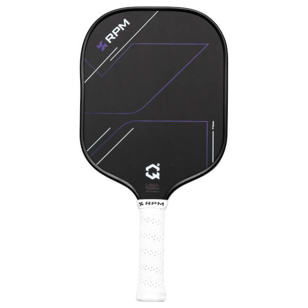 Front view of a black RPM Q2 pickleball paddle with purple and white geometric accents and a white grip.