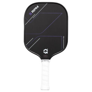 Front view of a black RPM Q2 pickleball paddle with purple and white geometric accents and a white grip.