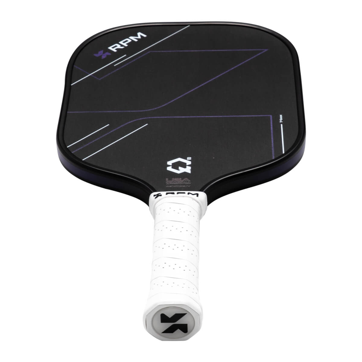 Top-down view of a black pickleball paddle with white and purple geometric designs, showing the RPM logo and a white grip.
