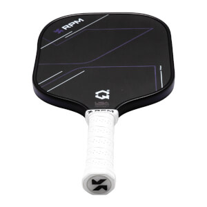 Top-down view of a black pickleball paddle with white and purple geometric designs, showing the RPM logo and a white grip.