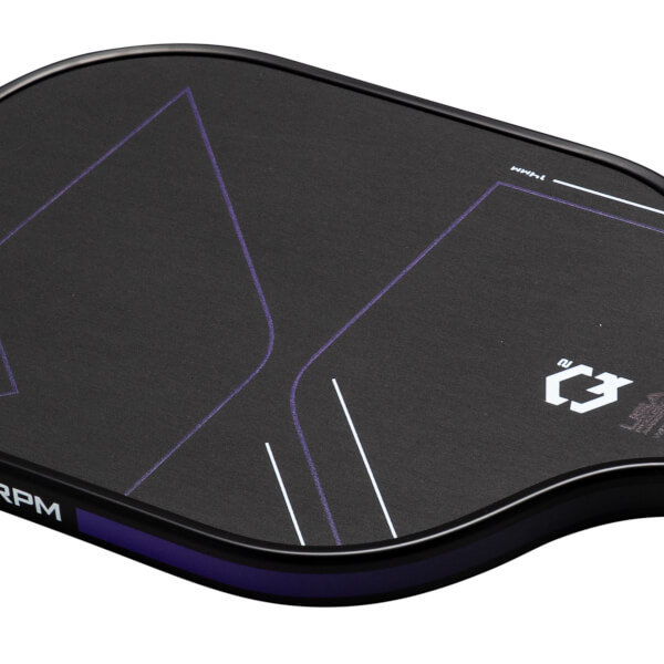Corner view of the RPM Q2 paddle showing purple geometric lines, the "RPM" logo, and "14MM" text.