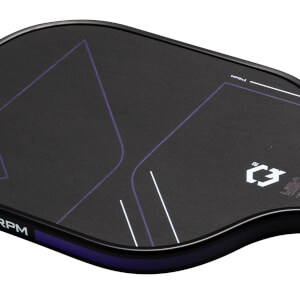 Corner view of the RPM Q2 paddle showing purple geometric lines, the "RPM" logo, and "14MM" text.