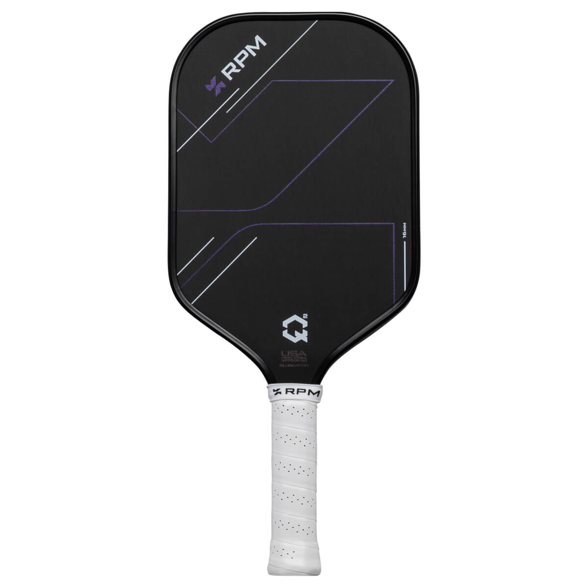 Front view of a black RPM pickleball paddle with purple geometric lines, a white "RPM" logo, and a white perforated handle.