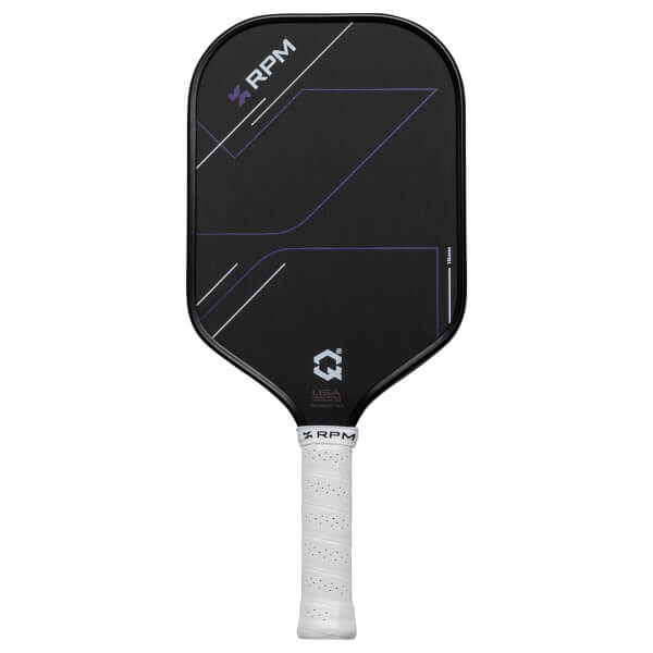 Front view of a black RPM pickleball paddle with purple geometric lines, a white "RPM" logo, and a white perforated handle.