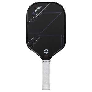 Front view of a black RPM pickleball paddle with purple geometric lines, a white "RPM" logo, and a white perforated handle.