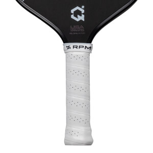 Close-up of the black paddle face featuring the Q2 logo and USA PICKLEBALL APPROVED text above a white perforated grip with RPM on the collar.
