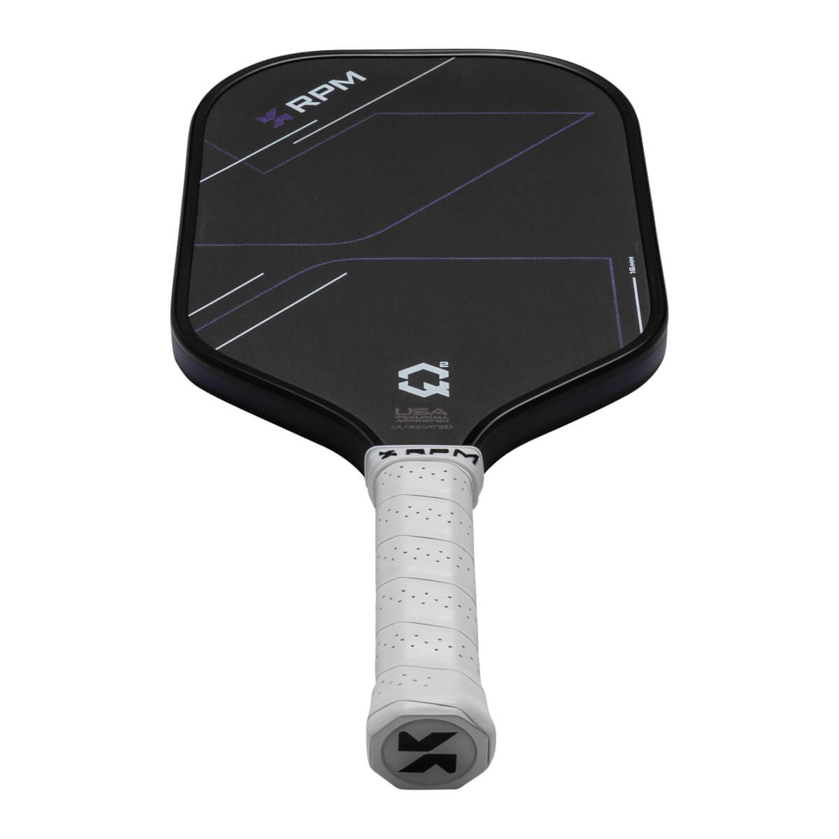 Angled front view of a black pickleball paddle featuring white and purple lines, a white perforated grip, and visible "RPM" and "Q2" branding.