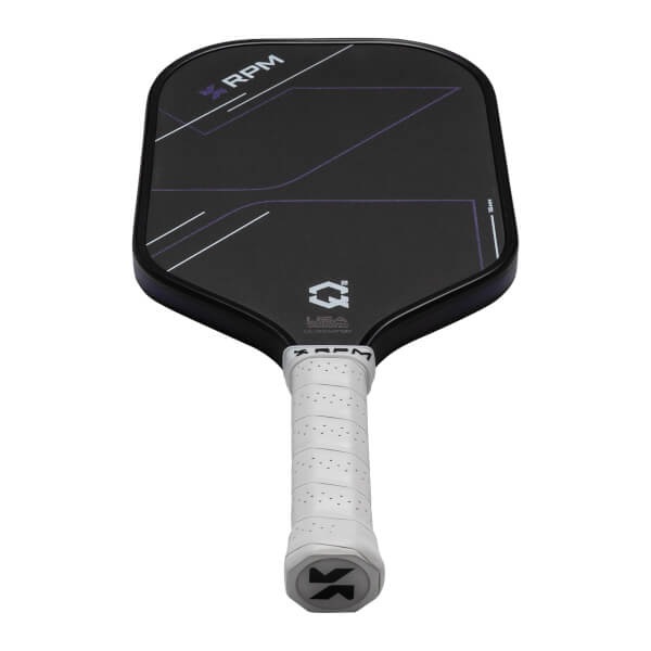 Angled front view of a black pickleball paddle featuring white and purple lines, a white perforated grip, and visible "RPM" and "Q2" branding.