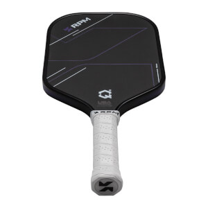 Angled front view of a black pickleball paddle featuring white and purple lines, a white perforated grip, and visible "RPM" and "Q2" branding.