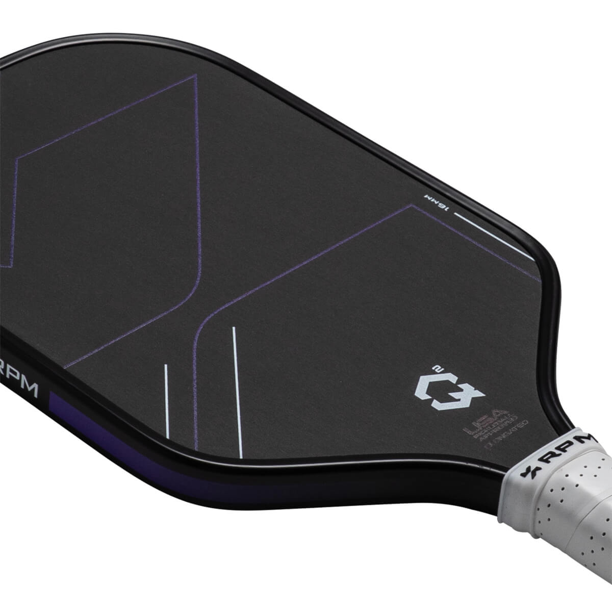 Close-up angle of a black pickleball paddle featuring purple geometric lines, a white C2 logo, and a white perforated grip with the RPM logo.