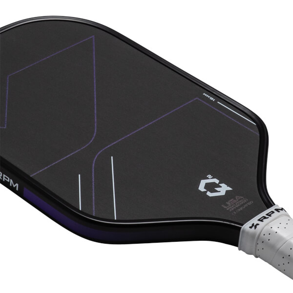 Close-up angle of a black pickleball paddle featuring purple geometric lines, a white C2 logo, and a white perforated grip with the RPM logo.