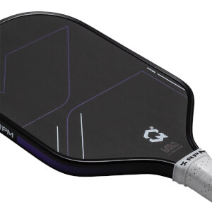 Close-up angle of a black pickleball paddle featuring purple geometric lines, a white C2 logo, and a white perforated grip with the RPM logo.
