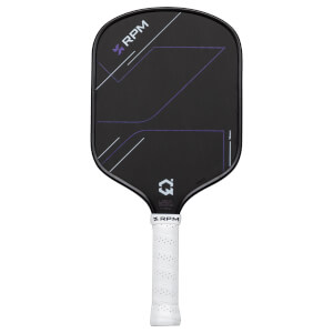 Front view of a black pickleball paddle with purple and white geometric accents, "RPM" logo, and a white perforated grip.