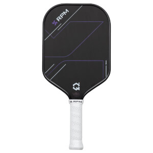 Front view of a black pickleball paddle with purple and white geometric lines, "RPM" logo, and a white grip.