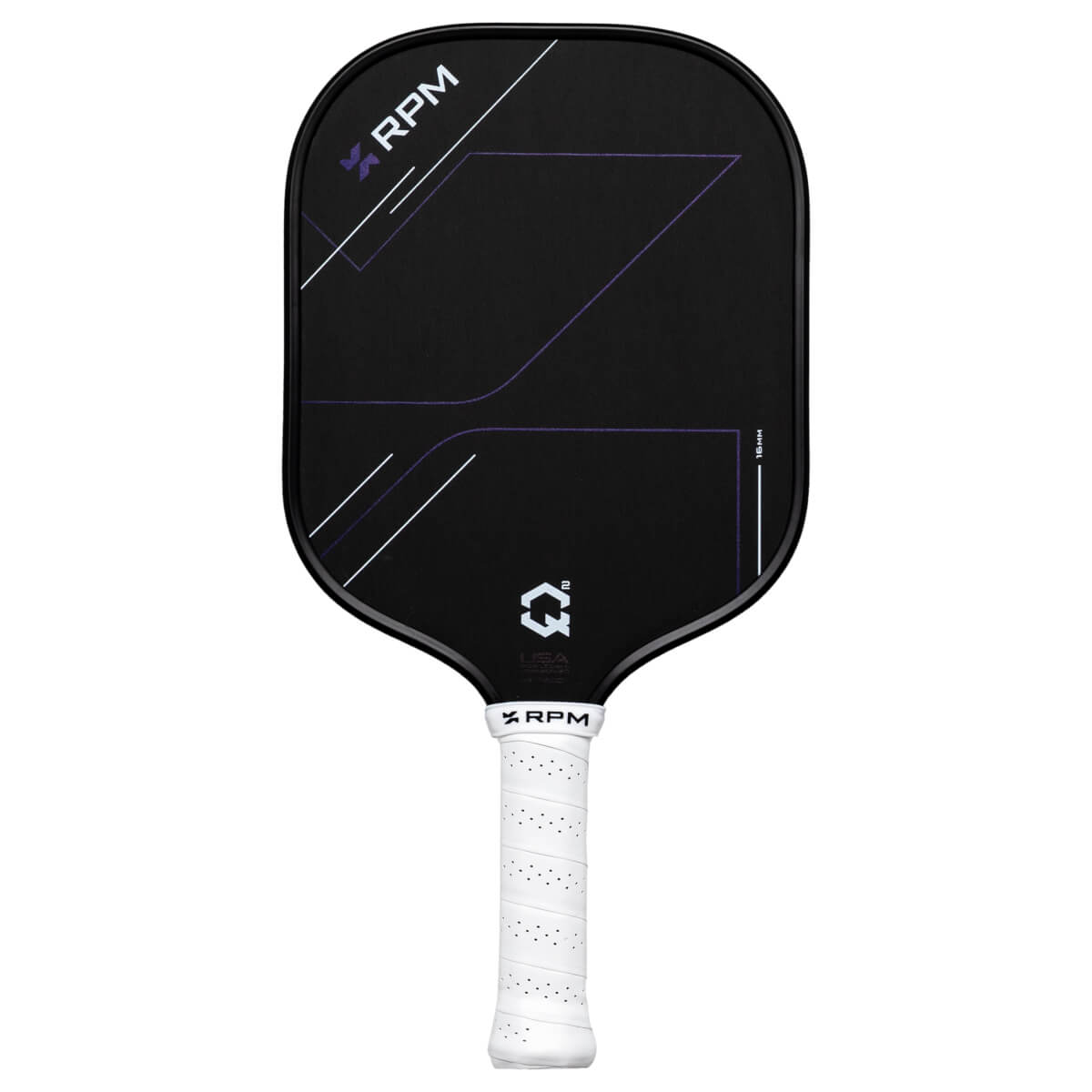 Front view of a black pickleball paddle with purple and white geometric designs, "RPM" logo, and a white grip.