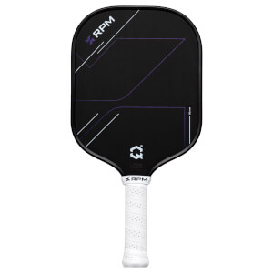 Front view of a black pickleball paddle with purple and white geometric designs, "RPM" logo, and a white grip.