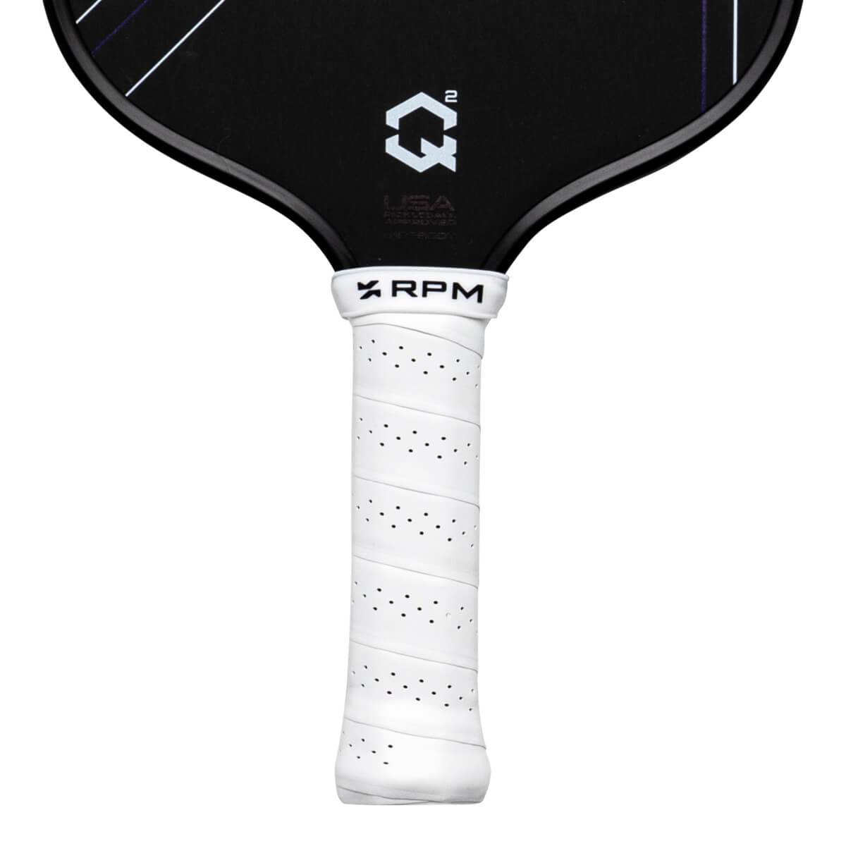 Close-up of a black pickleball paddle with a white grip, showing the "QÂ²" logo and "RPM" text.