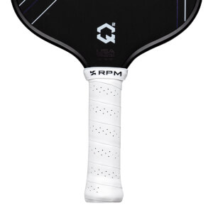 Close-up of a black pickleball paddle with a white grip, showing the "QÂ²" logo and "RPM" text.